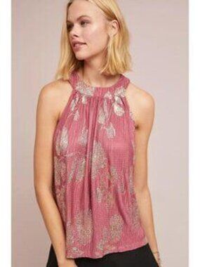 Anthropologie Feather Bone Ase Metallic Rose-Pink Floral Halter Tank Size M